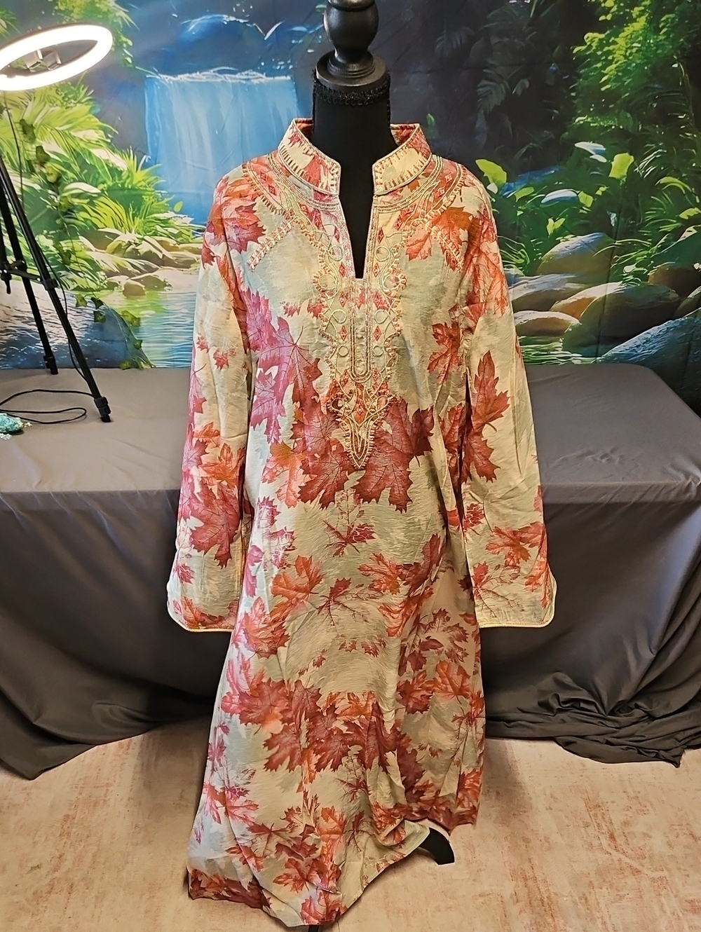 Embroidered Long-Sleeve Maxi Dress in Rust Leaf Print